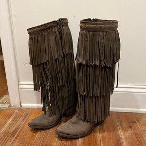 Brown Fringe Knee-High Boots